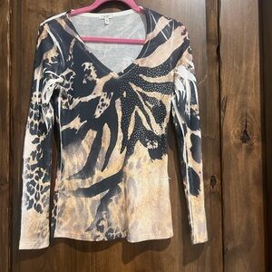 Cache Black and Tan Animal Print V-Neck Blouse